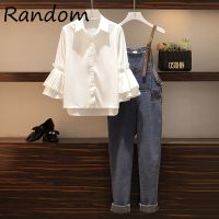 Plus Size 4XL Women 2021 New Autumn Overalls Suit Shirt Top And Strap Denim Pant Two Piece Set Outfit Street Sweet Jean Clothing