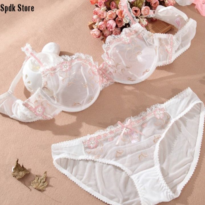 Sexy lingerie european and american underwear women's thin sectiom ultra  thin large size push up sexy bra big chest show small lace transparent no  sponge bra set mesh lace embroidered brassiere panty