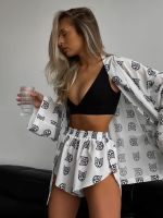 【jw】☬❂✵  Marthaqiqi Print WomenS 2023 Loose Lace-Up Sleeve Robes Shorts Set Female Sleepwear