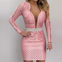 【cw】Z-9086 European and American y Hollow Dress Fashion Lace Deep V Irregular Pearl Belt Sheath Dress ！