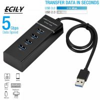 ECILY ใหม่4พอร์ต USB 3.0 Hub Splitter ความเร็วสูง Multiport Slim USB Hub Adapter พร้อมสาย USB 3.0ไฟ LED แบบพกพา USB Extender