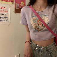 CDO Fulllove พร้อมส่ง เอวลอย เสื้อครอปคอกลมแขนสั้น เสื้อยืดสีพื้น Crop Top Love 18#