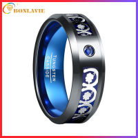 BONLAVIE Tungsten Rings for Men 8mm Black Celtic Triple Spiral Tungsten Wedding Bands for Men with Blue CZ and Carbon Fiber Inlaid Comfort Fit Size 7-12