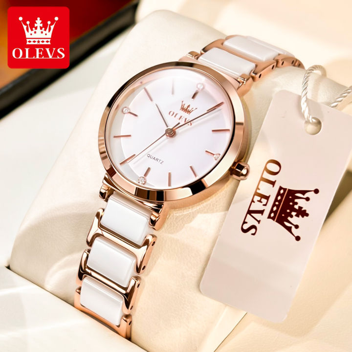 olevs-นาฬิกา-ผู้หญิง2022-กัน-น้ำ-นาฬิกาเซรามิก-genuine-watch-for-women-สีขาว-ปฏิทิน-ฟรีกล่องและเครื่องมือ