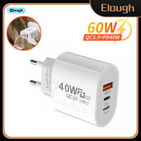 Elough USB C Charger 60W Fast Charger Charger 3พอร์ต Type C เครื่องชาร์จโทรศัพท์มือถือ PD Power Adapter สำหรับ Samsung Xiaomi iPhone QC3.0