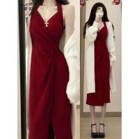 ☊ Red Halter Slit Dress Women Autumn Winter High-End Feeling Classy Royal Sister Pure Desire Style Two-Piece