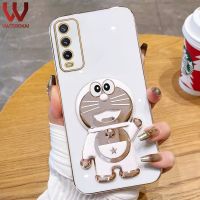 VWTEROKAI เคส3D ที่วางโทรศัพท์การ์ตูนโดราเอมอน,เคสสำหรับ VIVO Y20 Y20i Y20S Y12S Y12A Y20A Y51 Y53S Y51A Y31 Y50 Y30 Y30i Y75 Y76 Y77 Y02กล้องป้องกันชุบทองนุ่มฝาครอบหลังซิลิโคน