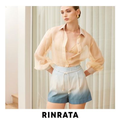 RINRATA - Ocean Short กางเกงขาสั้น สีฟ้า ผ้าพิมพ์ลาย พิเศษ Gradient ไล่สี ซิปหน้า เอวสูง ตกแต่งเชือกผูก