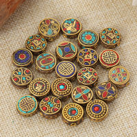 Nepalese Buddhist Handmade Flat Round 16mm-17mm Tibetan Brass Metal &amp; Clay Loose Craft Beads for Jewelry Making DIY Necklace