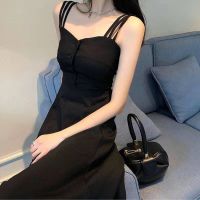 [COD] Maternity breastfeeding clothes period going out summer black suspenders mid-length slim dress