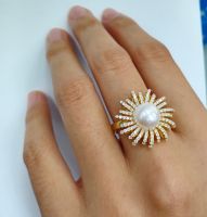 Silver thai 18k Gold Platted Sterling Silver Flower Pearl CZ Ring , แหวนGold ไข่หมุกตรงกลางประดับเพรชรcz ใส่ออกงานเล่นไฟสวยใส่เข้ากันได้กับทุกชุุดคะ