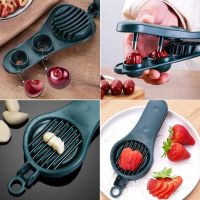 GLIMMER Set of 3 เหล็กไร้สนิม 2-in-1 Cherry pitter slicer ใช้งานได้หลากหลาย สีเขียวเข้มสีชมพูเงิน เครื่องกำจัดเมล็ดเชอร์รี่ ทนทานต่อการใช้งาน เครื่องตัดผลไม้ อุปกรณ์สำหรับห้องครัว