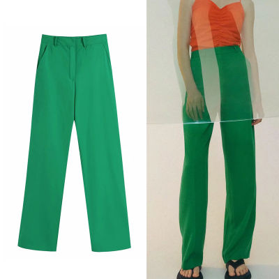 2021TRAF Za 2021 Green Pants Women Wide Leg Pants Woman High Waisted Trousers Straight Baggy Pants Female Summer Wide Trousers