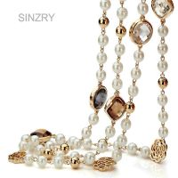 SINZRY Hotsale Cubic zircon rose flower simulated pearl long necklace for women sweater winter necklace christmas gift