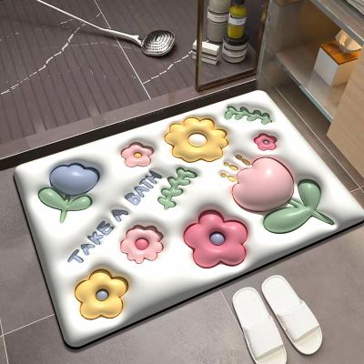เสื่ออาบน้ำการ์ตูนนิ่มและปลอดภัยมองเห็น3D พร้อมโคลนไดอะตอมเชียสแบบนิ่มสำหรับเด็กและทารกดอกไม้ป่อง