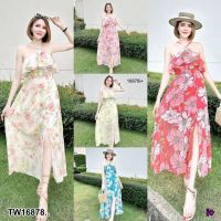 TT16878 เดรสยาว มีระบายอก แขนกุด สายปรับได้ กระโปรงผ่าหน้า..Long dress with fringe, sleeveless, adjustable straps, front