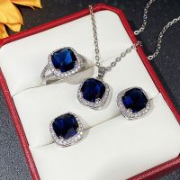 【lz】✴  Imitação Criativa Safira Conjunto de Jóias para Mulheres Quadrado Cristal Bonito Colar Retro Brinco Anel Jóias de Casamento 4 peças