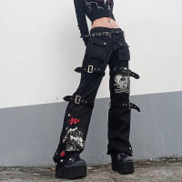 Women Chic Trendy Jeans High Waist Gothic Style Printed Metal Buckle Belt Streetwear Denim Pants Cargo Trousers 2023 Y2K