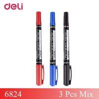 3PCS Deli 6824 Permanent Markers Dual Tip Pen 0.5mm/1mm Black Blue Red Water Proof Fast Dry Office Stationery Permanent  Marker Highlighters Markers