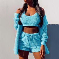 hot●Three Piece Sexy Fluffy Sets Velvet Plush Hooded Cardigan Coat+Shorts+Crop Top Women Tracksuit Casual Sports Overalls Sweatshirt 9235