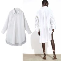 TRAF Poplin ZA Women White Shirt Summer  Long Sleeve Lapel Collar Button Up dressShirts Woman Front Patch Pocket Casual Tops