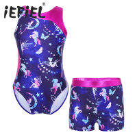 Kid Girls Sports Gymnastics Workout Outfits Long Sleeves Cartoon Print Leotard Bodysuit with Shorts for Ballet Dance Performance