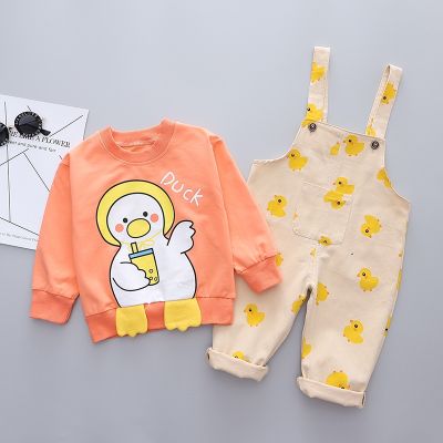 [COD] 2023 spring Korean version of childrens boys and girls suspenders cartoon duckling two-piece long-sleeved suit