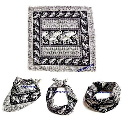 ผ้าลายช้างไทย ผ้าเช็ดหน้า ผ้าพันคอวินเทจ (Black Bandana Elephant Scarf Headband)