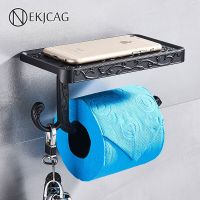 Black Bathroom Toilet Paper Holder Shelf With Hook Aluminum Alloy Material Phone Rack Tray Secure For Bathroom Accessories Toilet Roll Holders