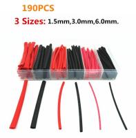 (190 PCS) 3 Sizes 1.5MM 3MM 6MM Black &amp; Red Assortment Ratio 2:1 Polyolefin Heat Shrink Tube Tubing Sleeving Wrap Wire Cable Kit Electrical Circuitry