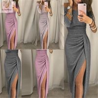 Women Off Shoulder High Slit Bodycon Dress Long Sleeve New Fashion Dress