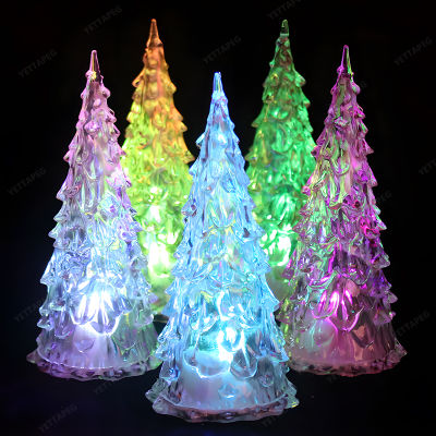 Lampu Malam Serat Optik LED Warna-Warni Lampu Pohon Pinus Natal Kristal Lampu Hias Meja Ornamen Mainan Dekorasi นาตาล