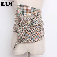 [EAM] 2022 New Spring Summer Black Irregular Plaid Printed Pearled Nailed Irregular Stitch Wide Belt Women Fashion Tide JO621