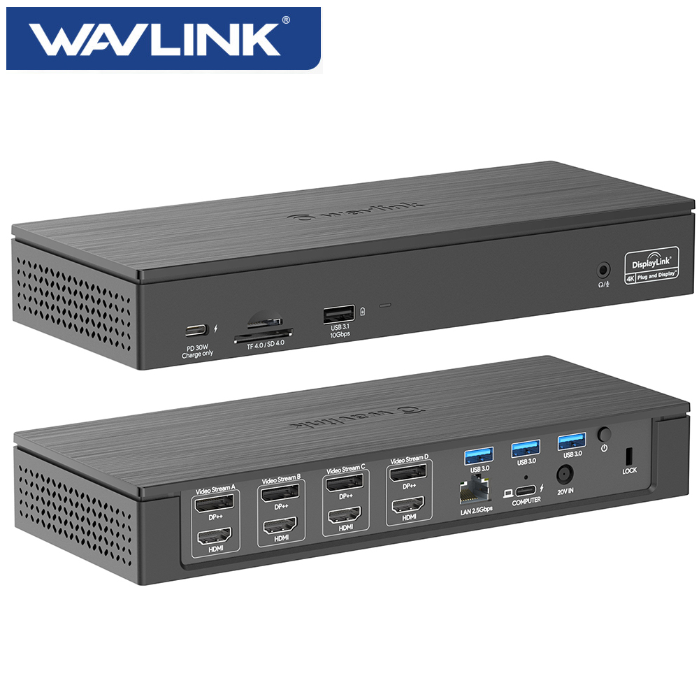WAVLINK Enterprise-Level Universal Docking Station,18-in-1 5K Quadruple Display Dock ,3 USB3.0,USB3.1,SD/TF,Audio/Mic,USB-C with 4 DP,4 HDMI,2.5G Ethernet,100W PD Host Thunderbolt 3 PD30W 
