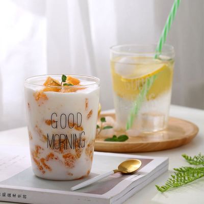 ♝﹍  Heat-resistant glass breakfast cup English letter cartoon water European style milk juice drink