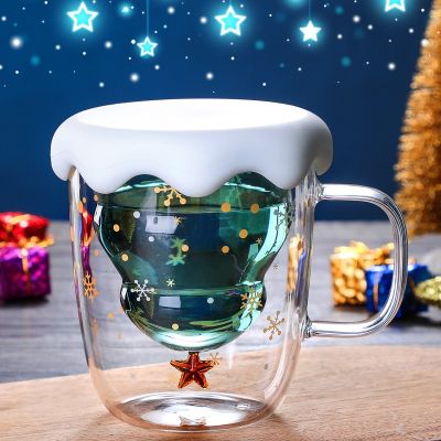 【High-end cups】ต้นคริสต์มาสถ้วยใสคู่ทนความร้อนสร้างสรรค์คู่แก้วเกล็ดหิมะดื่มแก้วเด็ก39; S ของขวัญถ้วยกาแฟ