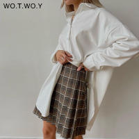 WOTWOY High Waist Pleated Short Skirt Women Casual A Line Brown Plaid Mini Skirts Female Harajuku 2022 Korean Style Kawaii Skirt