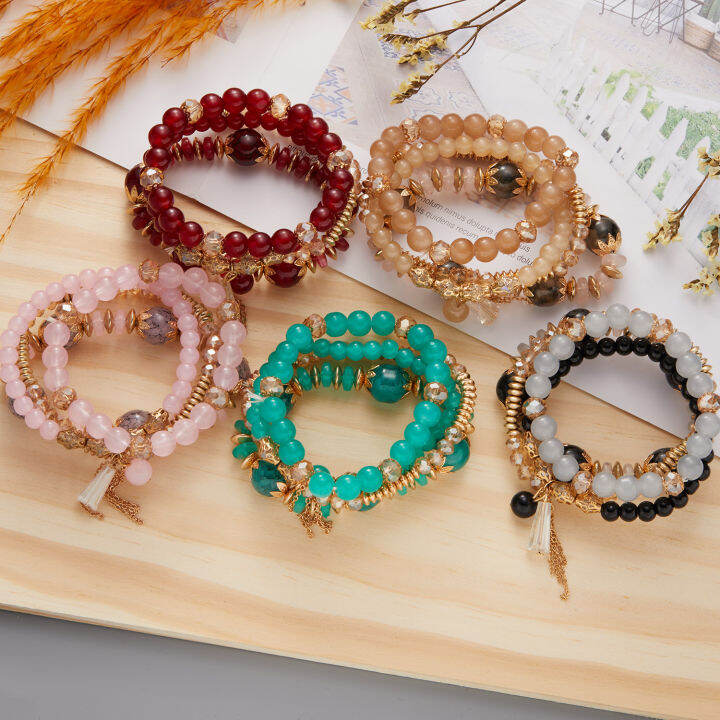 4Pcs/Set Boho Crystal Beaded Beads Chain Cuff Bohemia Bracelets Set ...