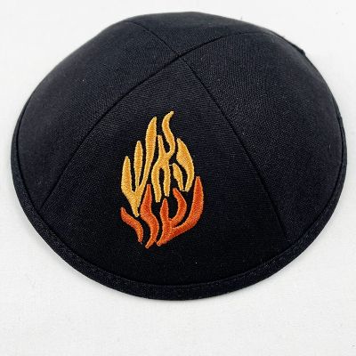 18cm Cotton Linen Kippah with Embroidery Of Fire for Men Yamaka Hat Kippot Black White