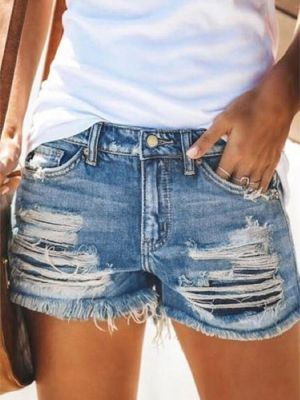 2023 Summer Women Distressed Cuffed Rolled Hem Casual Denim Shorts Must Have Casual Jeans Shorts Sexy Hot Denim Hole Shorts