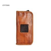 LEACOOL Vintage Handmade Genuine Leather Clutch Bag Men Cowhide Long Purse Big Capacity Zipper Wallet With Coin Card Holder