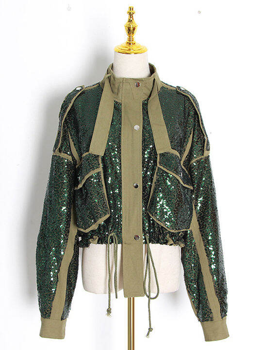 galcaur-green-patchwork-sequin-jackets-for-women-stand-collar-long-sleeve-hit-color-short-coats-female-2022-autumn-clothing