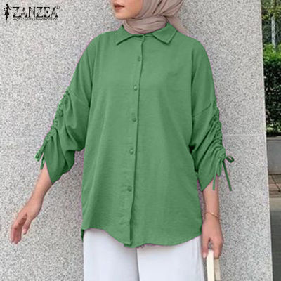 (สินค้ามาใหม่)(จัดส่งฟรี)Fancystyle ZANZEA เสื้อผู้หญิงมุสลิม,เสื้อมีเชือกผูกเสื้อสตรีคอปกแขนยาวลำลองทรงหลวมติดกระดุม