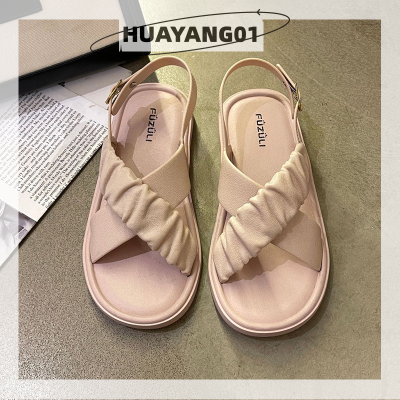 HUAYANG01 2023แฟชั่นสุดฮอตใหม่สำหรับผู้หญิง,รองเท้าส้นเตี้ยสีทึบกันลื่นสายไขว้แฟชั่นฤดูร้อน2023