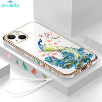 ZeroQiQi เคสเคสโทรศัพท์นิ่มลายการ์ตูนสำหรับ iPhone 15 Plus 15 Pro 15 Pro Max ฟรีสายคล้องลายขอบสี่เหลี่ยมนกยูงชุบเคสโทรศัพท์หรูหราเคสโทรศัพท์นิ่ม