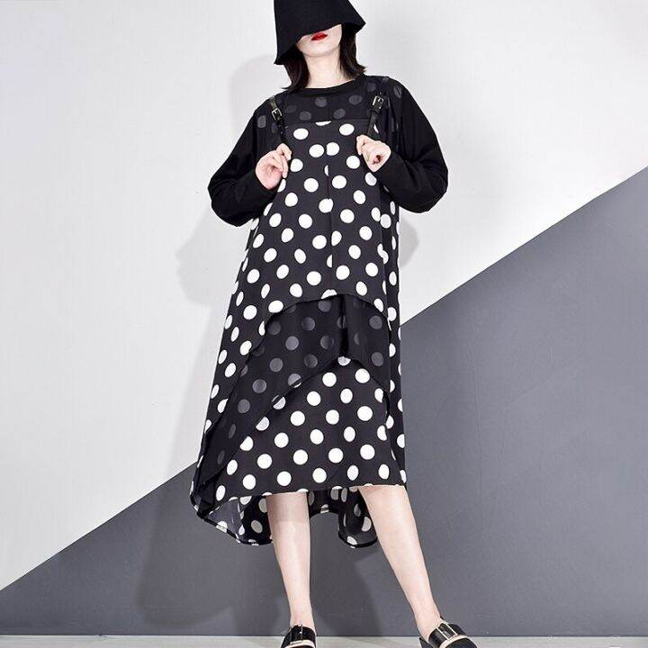 xitao-dress-dots-patchwork-casual-women-loose-long-sleeve-dress