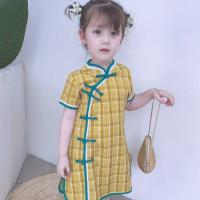 【CW】 2021 2 11Y Chinese Cheongsam For Girls Vintage Yellow Pink Plaid Short Sleeve Dresses Princess Summer