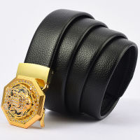 Auspicious Pattern Mens Belt Trend Gold Automatic Buckle Business Youth Casual All Match Daily Black Soft Leather Pants Belt