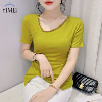 YIMEI เสื้อยืดผ่าแขนสั้นแหวกแนวสำหรับฤดูร้อน2023มาใหม่เสื้อยืดคอทำจากลูกปัดเฉียงของผู้หญิงเสื้อสไตล์ตะวันตกเล็กเข้ารูปพอดี