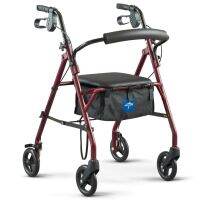 Medline Steel Rollator Walker  Folding Rolling Walker  6" Wheels  350lb Weight Capacity  Burgundy Red Frame Bar Wine Tools